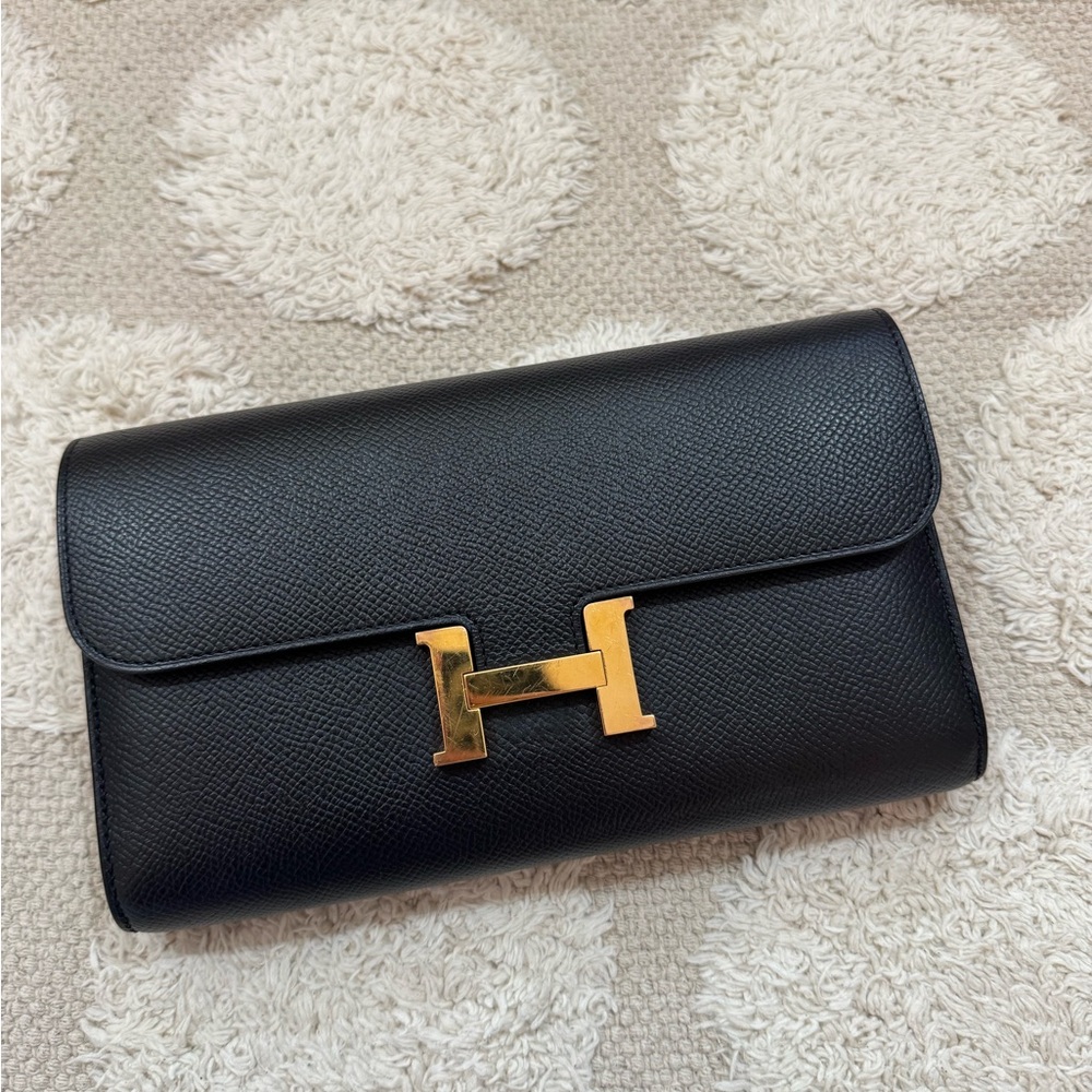 Hermes Constance Wallet / Evening Clutch Black epsom leather with rose gold